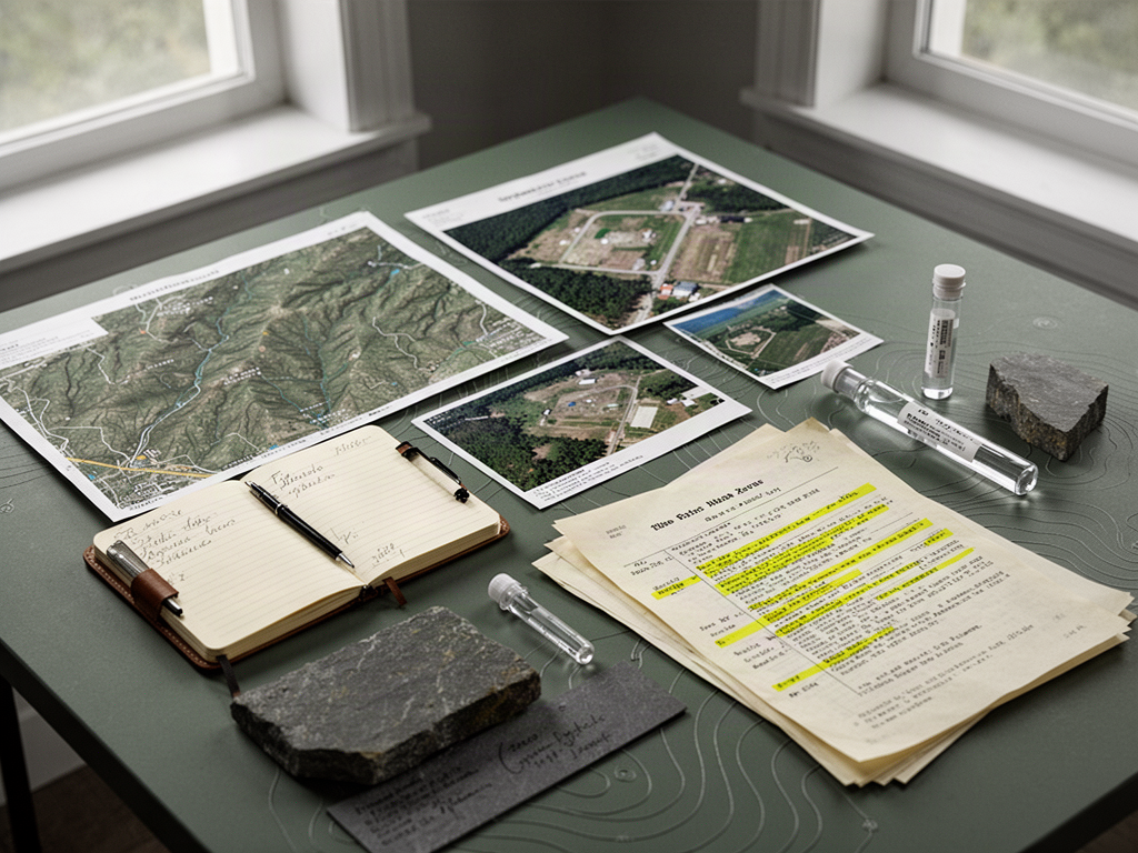 Environmental research materials including maps, archival documents, and sampling equipment